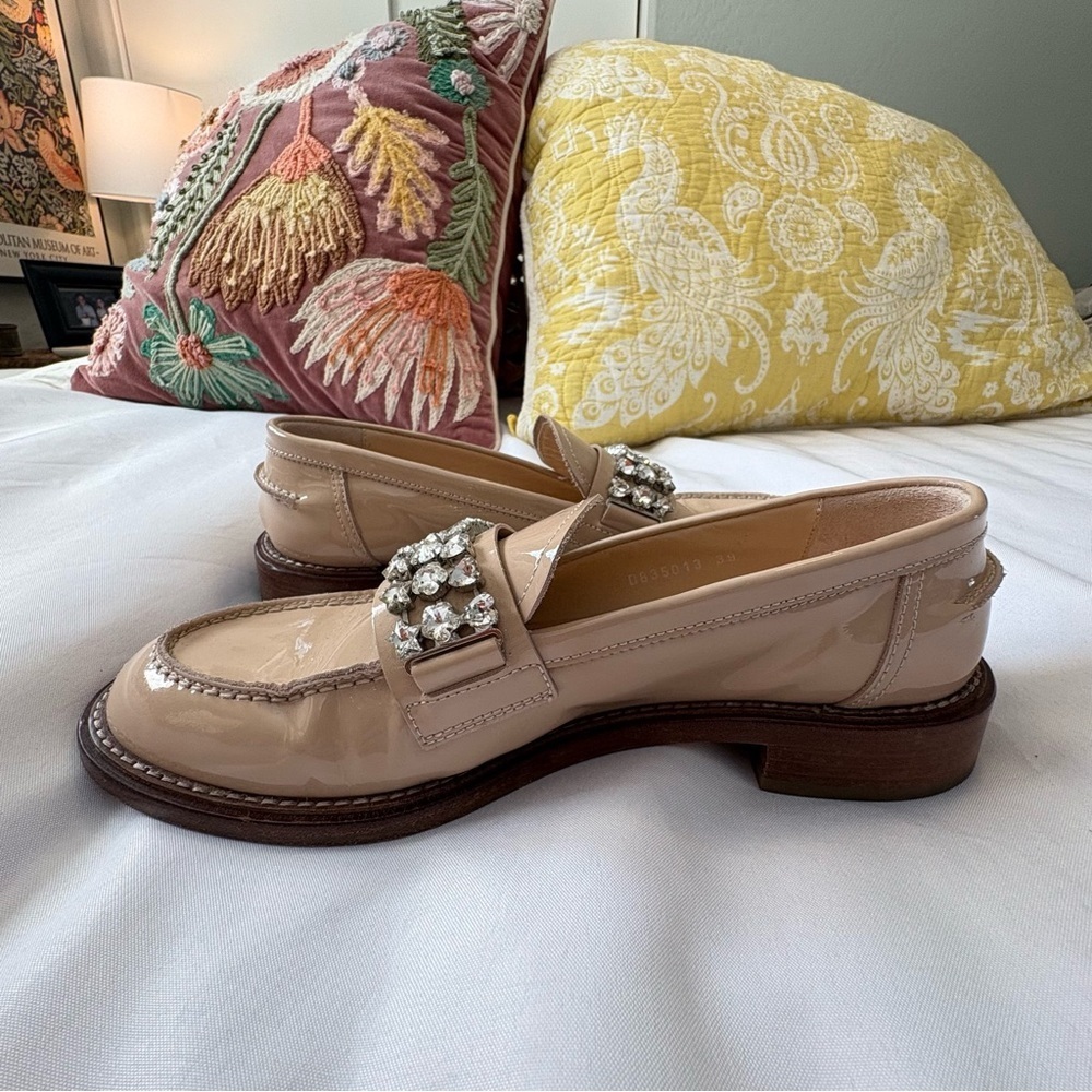 AGL Italian Lola Strass Mixed Crystal Loafers Size 39 Rhinestone Trim Beige Nude - Picture 4 of 13